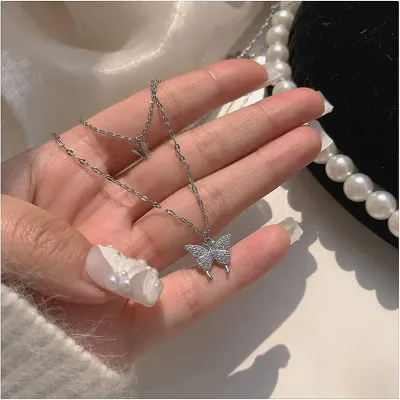 Crystal Zircon Butterfly Pendant Necklace 